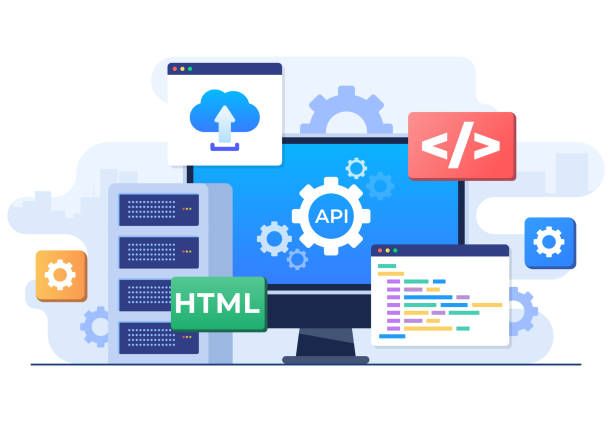 application programming interface concept, api provides the interface for communication between applications, software development tool, internet and networking, simplifying application integration - 系統(tǒng)軟件 幅插畫檔、美工圖案、卡通及圖標