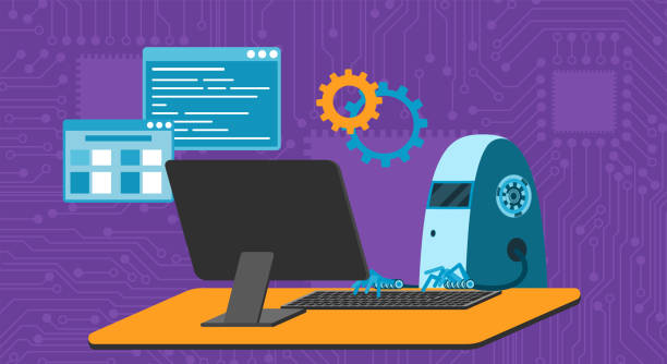 automated work of software, business project development, robot using keyboard at table - 系統(tǒng)軟件開發(fā) 幅插畫檔、美工圖案、卡通及圖標(biāo)